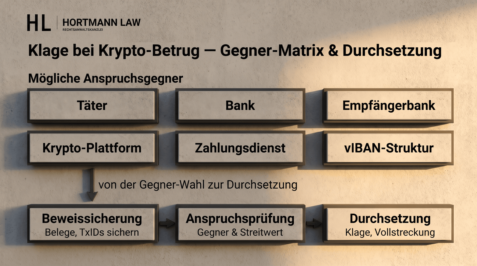 Klage bei Krypto-Betrug: abstrakte Beweiskette, Transaktionsspur und Anspruchsgegner