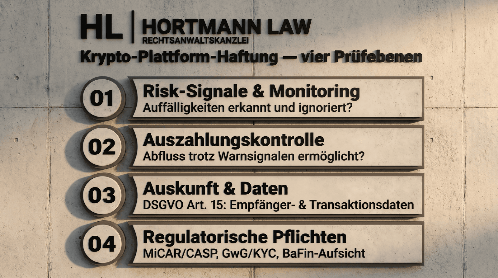 Krypto-Plattform-Haftung: abstrakte Plattformstruktur mit Wallet, KYC, Logs und Transaktionsspur